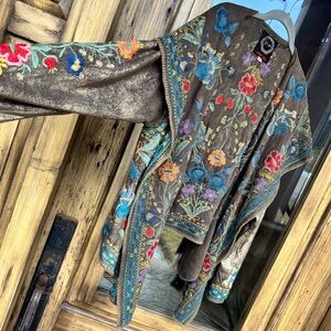 'Johnny Was' XL Embroidered Gold Anthropologie Sharkbite Hem Hooded Jacket